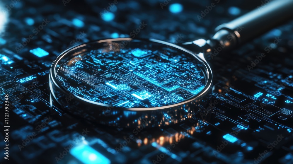 Poster digital magnifying glass examining a circuit board illustrating search technology and data analysis 