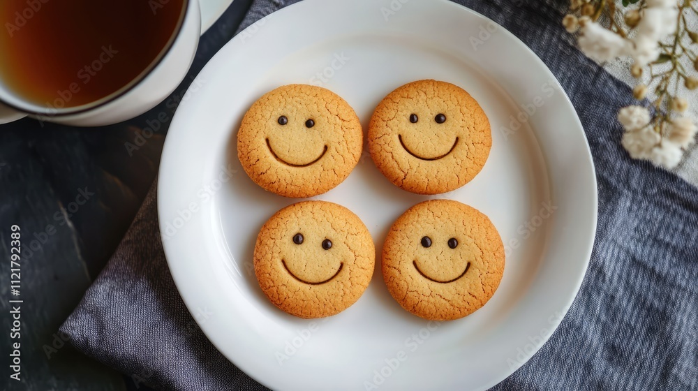 Poster smiling cookies on a white plate alongside a cup of tea creating a cozy and inviting dessert scene