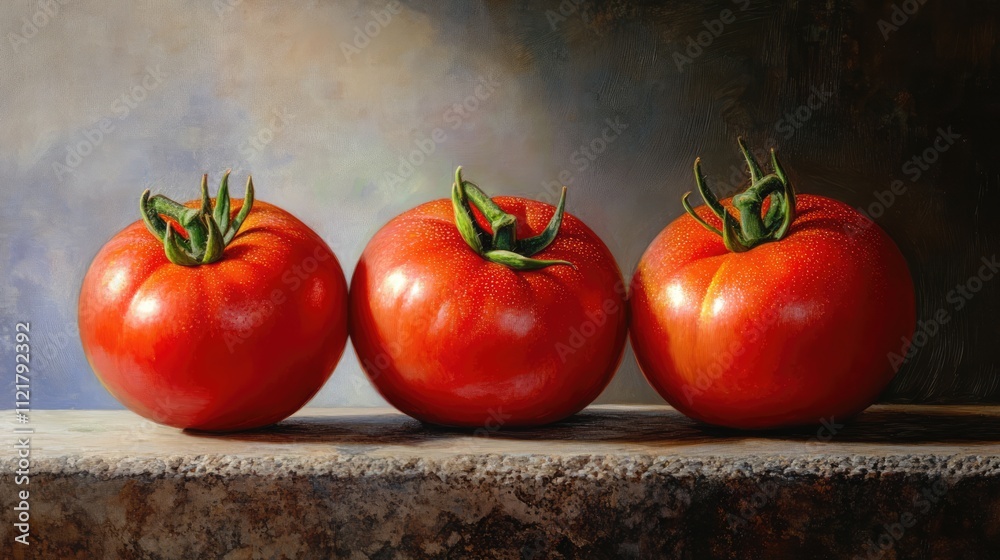 Poster three plump ripe tomatoes displayed on a textured stone table against a softly blurred background