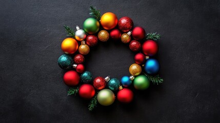 Obraz premium Colorful Christmas wreath adorned with shiny baubles viewed from above on a dark background showcasing festive holiday spirit and decor.