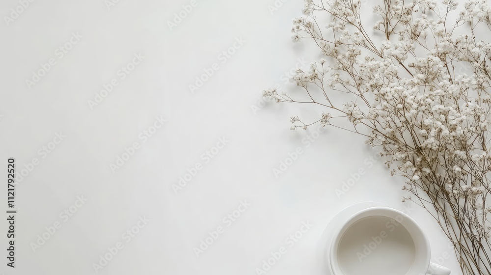 Poster elegant floral arrangement with white flowers and a cup on a minimalistic background perfect for inv