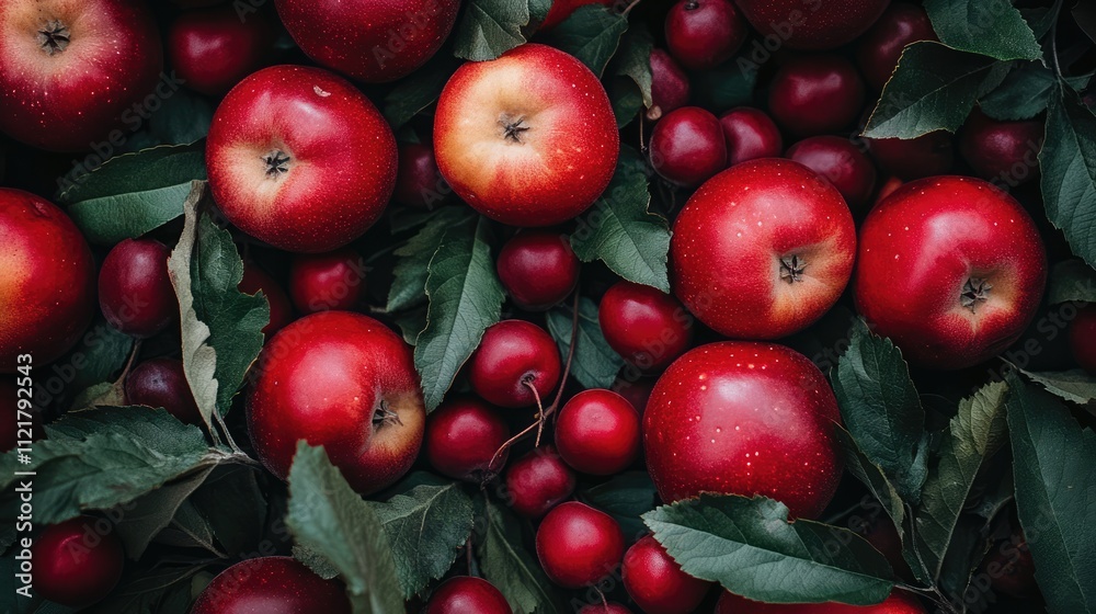 Poster variety of red apples and cherries surrounded by green leaves on a dark background showcasing fresh 