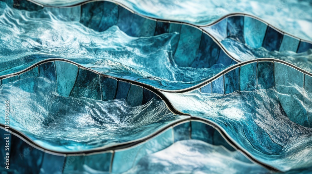 Poster rippling water reflection on textured blue tiles creating a dynamic visual of movement and depth in 