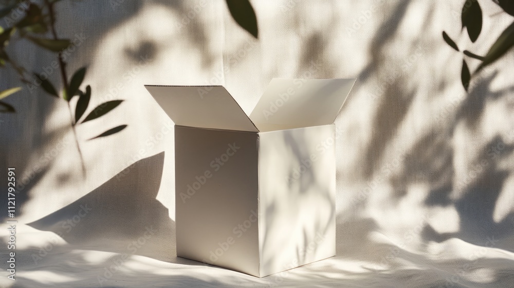 Leinwandbilder Minimalist white carton box displayed open with soft shadows against a natural backdrop highlighting its shape and texture.