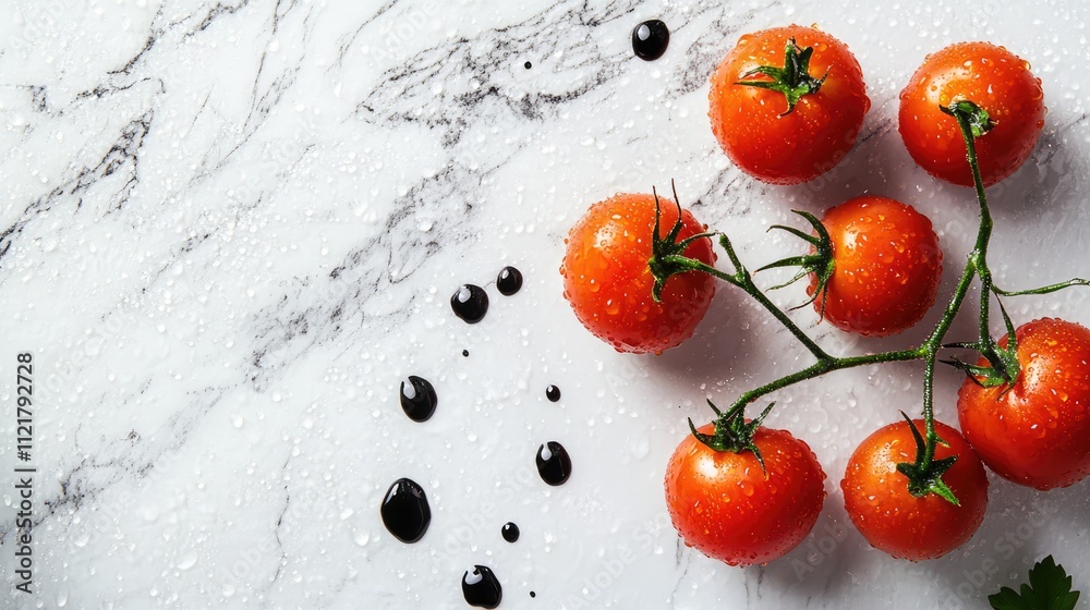 Poster fresh ripe tomatoes with water droplets arranged on a marble surface showcasing vibrant colors and t