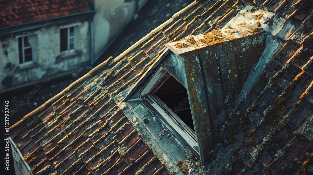 Aufkleber rustic roof corner with mossy tiles under soft light showcasing weathered architecture and historica