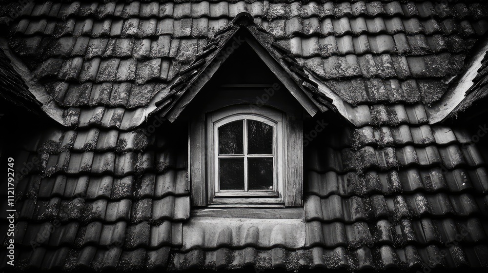 Poster Tiled Roof with Renovated Dormer Window Showcasing Architectural Detail and Textured Design Elements in Black and White