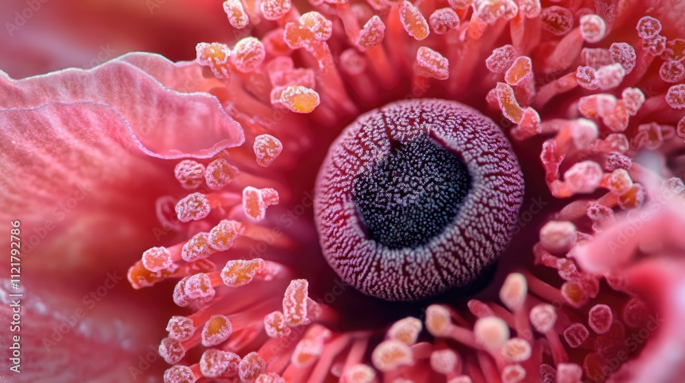 Poster Macro close-up view of intricate pink flower textures showcasing vibrant details and patterns in natural light.