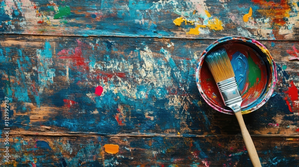 Poster Colorful paint can with brush on rustic wooden table representing creativity and DIY renovation concepts with copy space for text.
