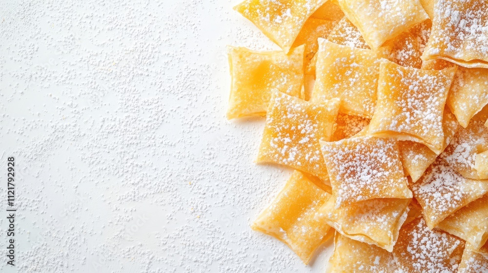 Aufkleber Homemade chiacchiere carnival sweets dusted with powdered sugar arranged on a white background with space for text