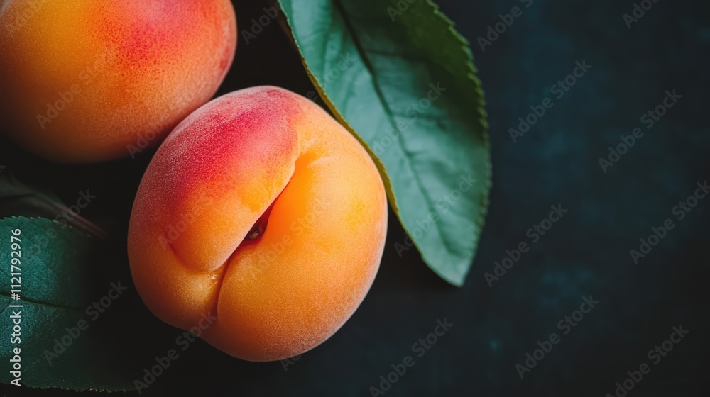 Aufkleber fresh ripe apricots with green leaves on a dark background showcasing their vibrant colors and natur