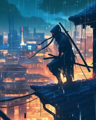 Solitary Ninja in Rainy Cyberpunk Cityscape. Vibrant Anime Illustration.