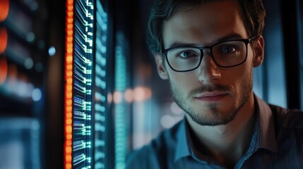 Professional Male IT Programmer Analyzing Data in High-Tech Server Room with Coding Interfaces and Advanced Technical Equipment