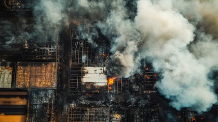 Aerial view of smoke and destruction from a fire at a cargo logistics warehouse with a burned roof indicating a major disaster.