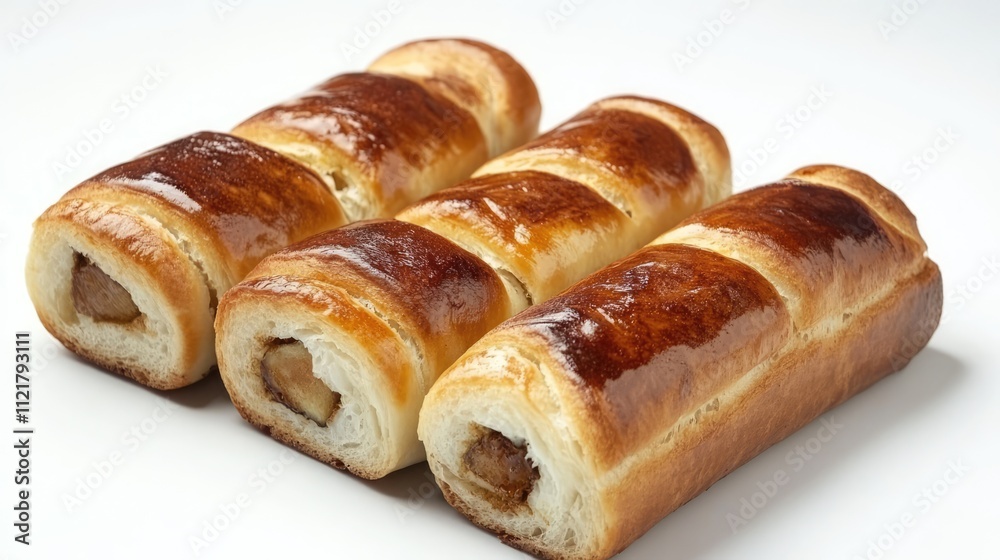 Poster deliciously baked japanese rolls with a shiny glaze arranged neatly on a white background showcasing