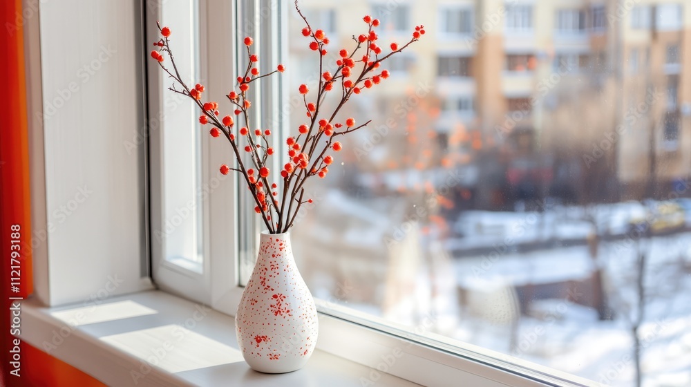 Poster vase with red branches beautifully arranged on a sunny windowsill with a blurred urban background.