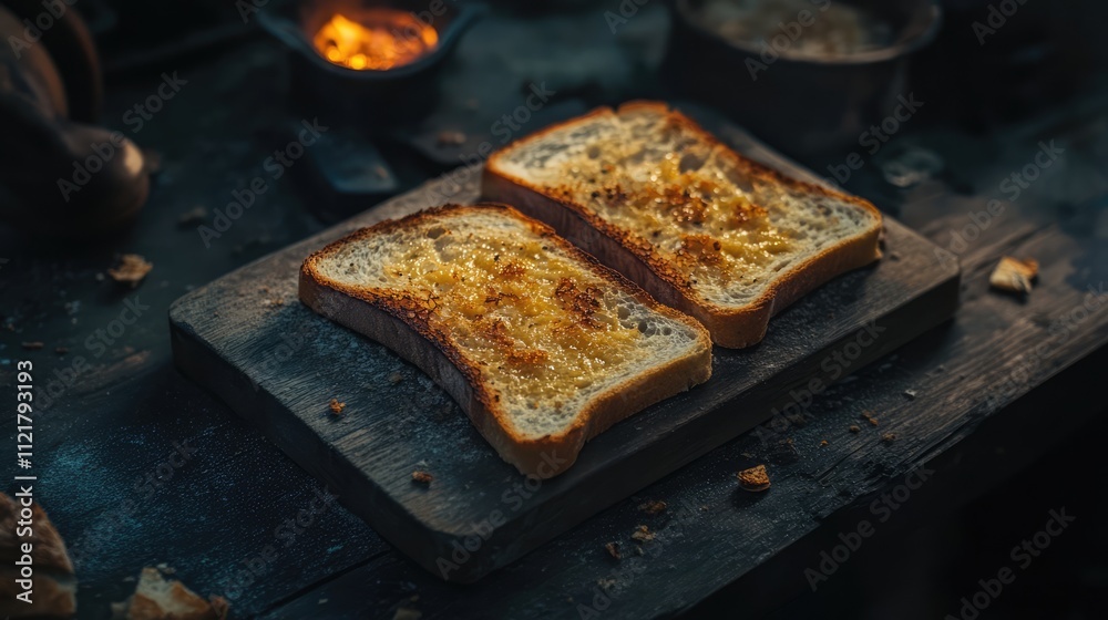Poster golden toasted bread slices sprinkled with sugar served on a rustic wooden board in a cozy kitchen s