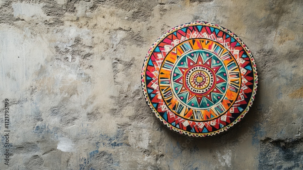 Poster Colorful round wall art displayed against a textured wall showcasing intricate patterns and vibrant colors in an artistic arrangement.
