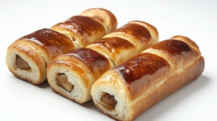 Deliciously baked Japanese rolls with a shiny glaze arranged neatly on a white background showcasing their appealing texture and color.