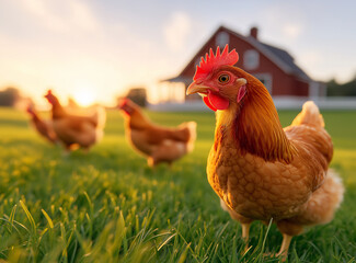 Fototapeta premium A group of chickens in an open field. blurred background is a farmhouse