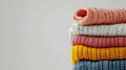 Cozy stack of colorful knitted clothing on neutral white background showcasing texture and warmth in fashion styling.