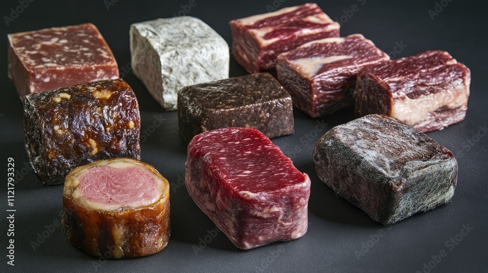 Poster Frozen semi-finished meat products displayed in various cuts and textures ready for culinary use on a dark background