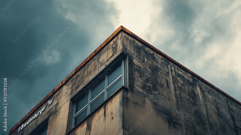 Poster urban architecture detail of a weathered building roof against a dramatic cloudy sky showcasing text