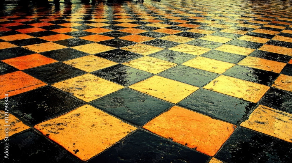 Poster wet checkerboard tiles glistening in the rain showcasing vibrant colors and reflections in a captiva