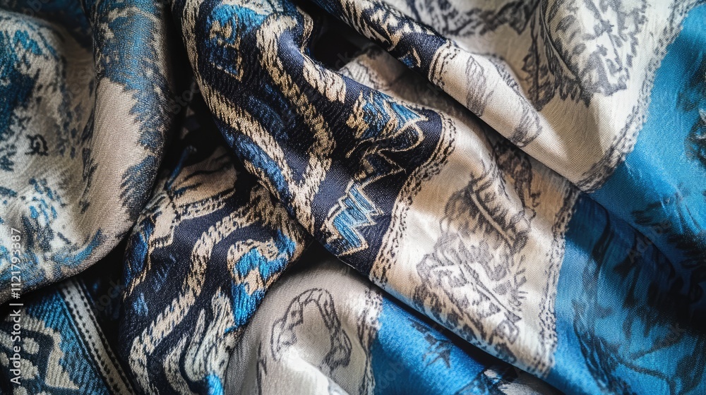 Poster Multicolored silk fabric texture with bohemian pattern showcasing abstract rhombus design in blue and beige for stylish design projects