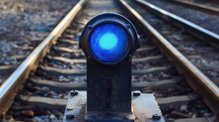 Blue semaphore signal at railway tracks illuminated with bright light guiding train traffic at a railway intersection directing safe passage
