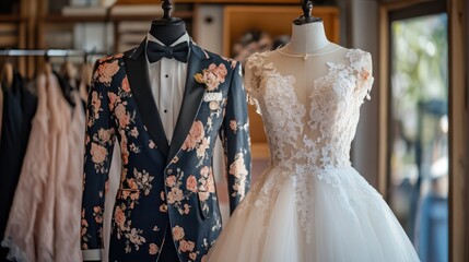 Handcrafted wedding attire featuring a floral suit and elegant bridal dress displayed in a stylish workshop setting