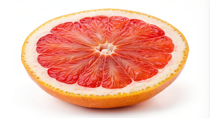 A bright red grapefruit is cut in half, displaying its juicy, segmented interior. The smooth skin features a yellow-orange hue, contrasting with the vivid red flesh