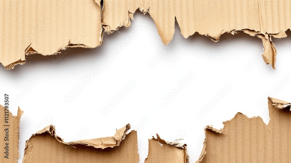 Fototapete Torn corrugated cardboard with rough edges creating an abstract frame on a white background for artistic and design concepts