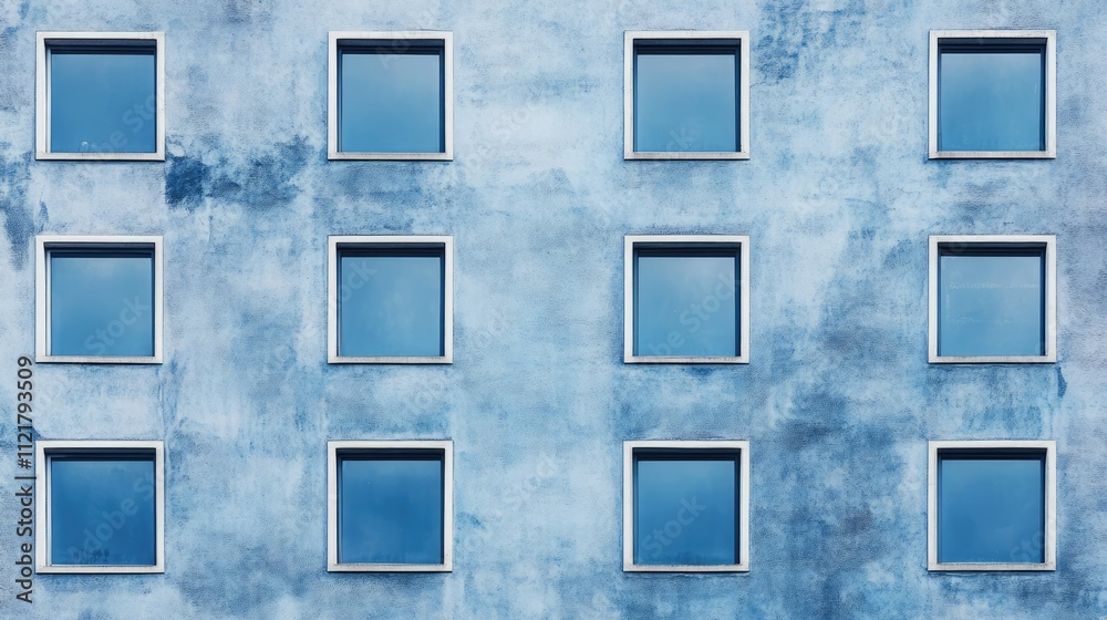 Poster abandoned building facade with empty windows showcasing weathered blue texture and urban decay ambia