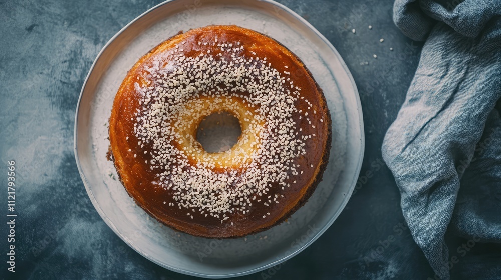 Poster classic circular cake adorned with sesame seeds on a rustic plate against a textured background.