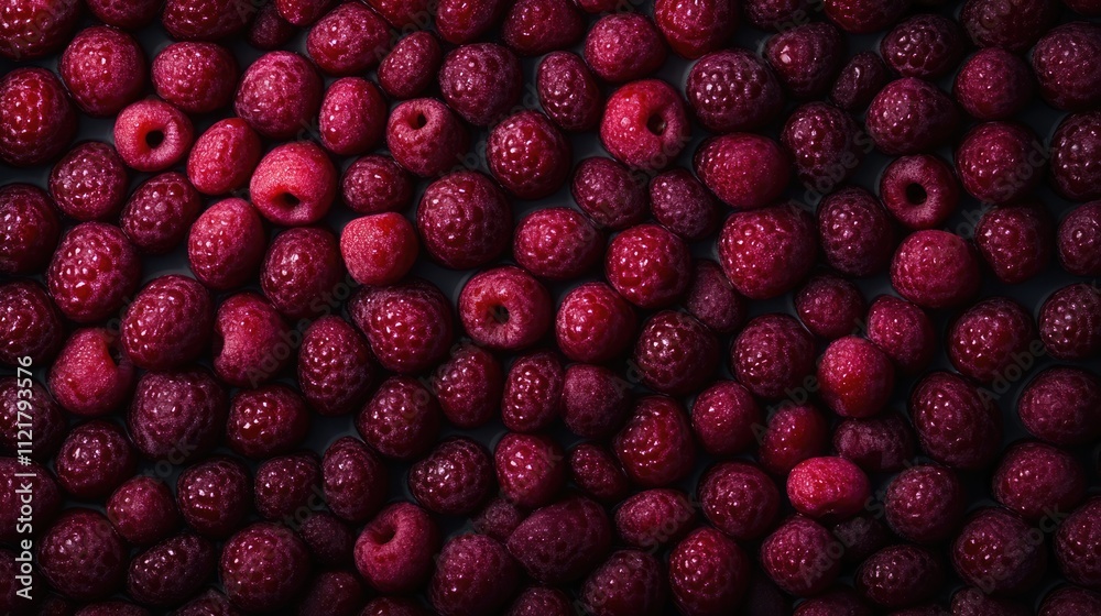 Poster Vibrant close-up of fresh ripe raspberries creating a textured background full of rich red hues and natural patterns