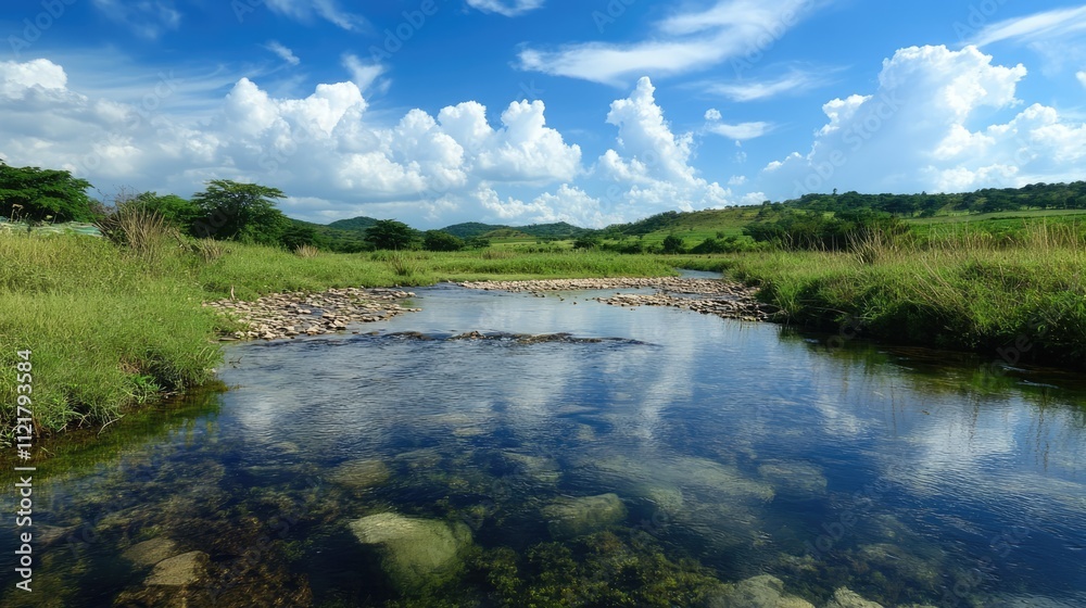 Poster serene landscape with a clear river reflecting blue sky and clouds surrounded by lush greenery and r