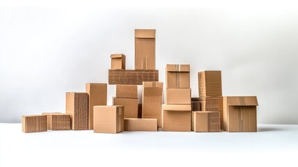 Assorted cardboard boxes arranged artistically on a white background for packaging and shipping concepts.