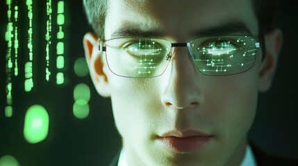 Young business professional analyzing financial crisis data through futuristic glasses with a digital matrix background.