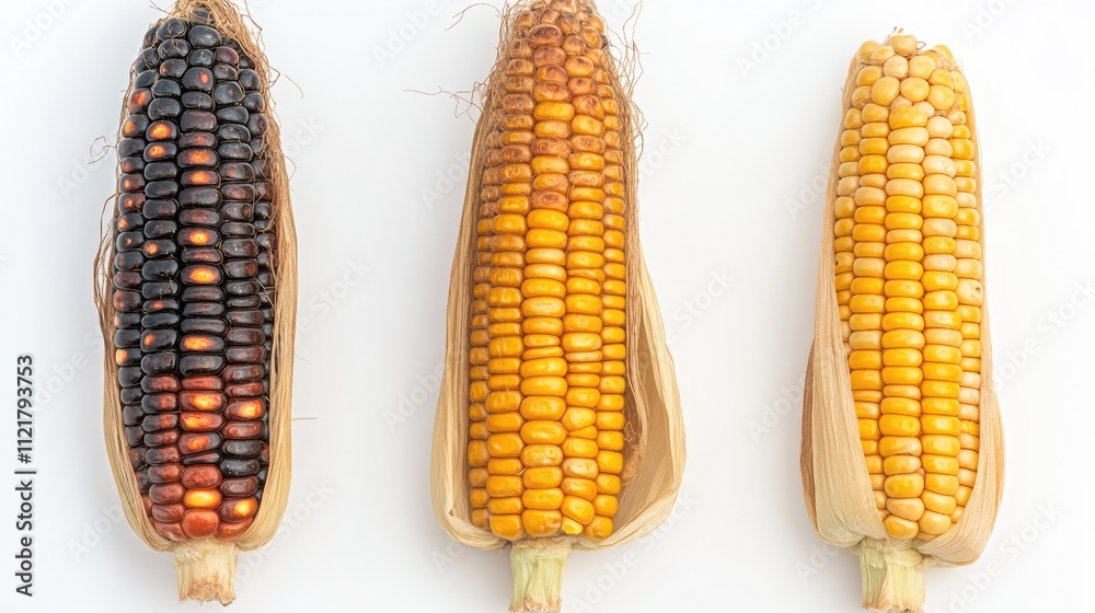 Poster striped ears of corn in various colors against a white background showcasing ripe and tasty cobs in 
