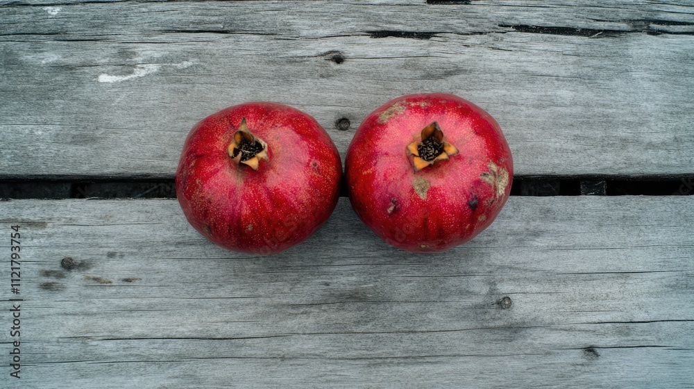 Aufkleber ripe pomegranates displayed on a rustic wooden surface showcasing their vibrant color and natural be