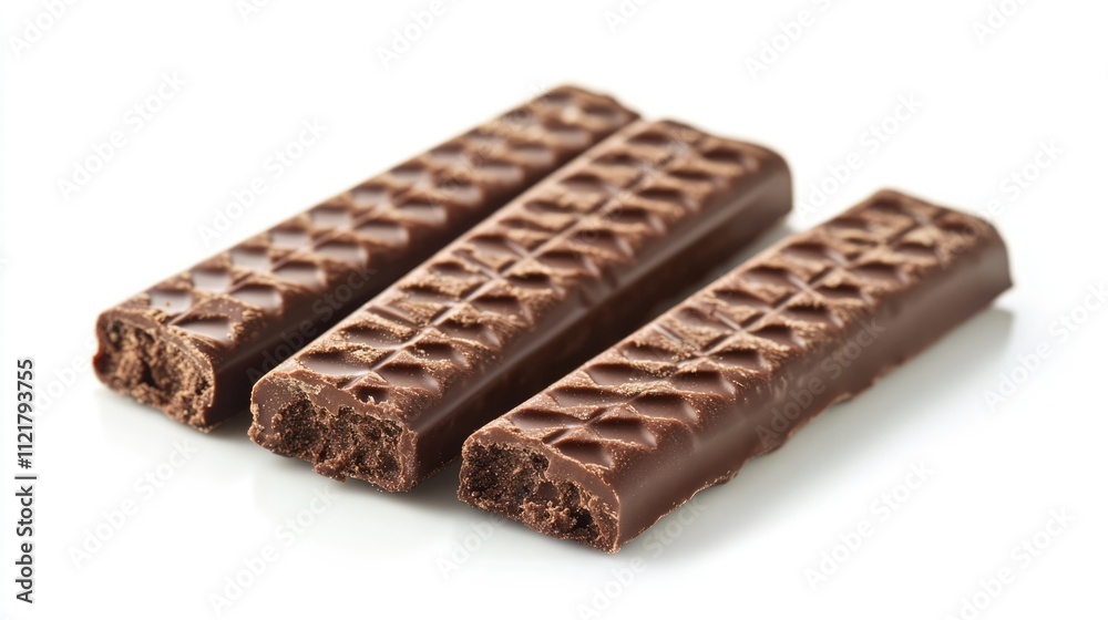 Poster chocolate wafer biscuits arranged on a clean white background showcasing their textured layers and d