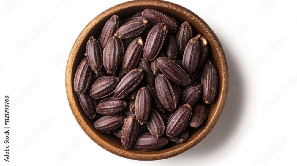 Poster tonka beans displayed in a wooden bowl on a white background showcasing their unique shape and rich 