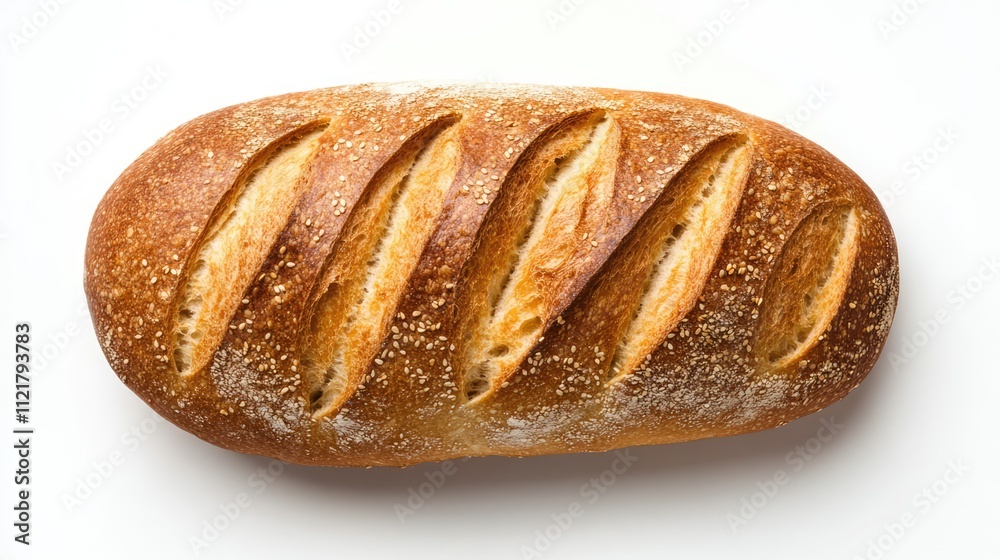 Poster top view of a golden brown baked bread loaf with slashes on a white background showcasing texture an