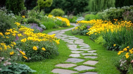 Obraz premium Vibrant yellow flowers lining a winding stone pathway through a lush garden landscape in full bloom during sunny weather.