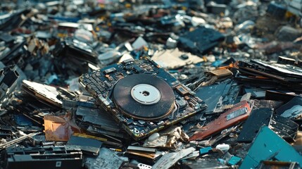 Discarded hard drive among electronic waste in a landfill highlighting environmental issues and the impact of technology on waste management