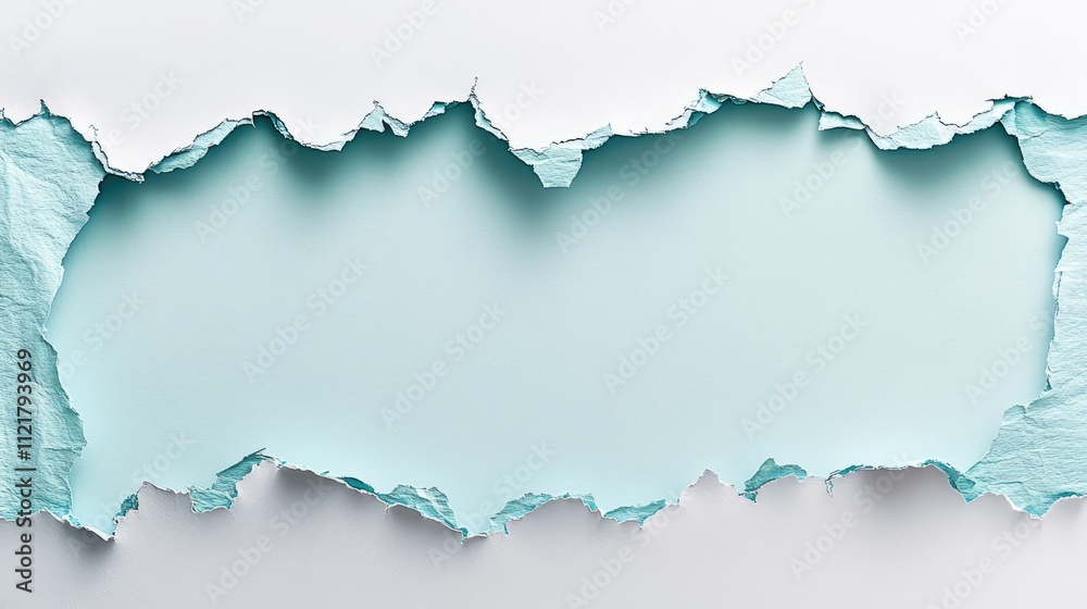 Poster Torn blue paper fragments on white background creating a blank frame for branding or advertising with ripped edges for a trendy look