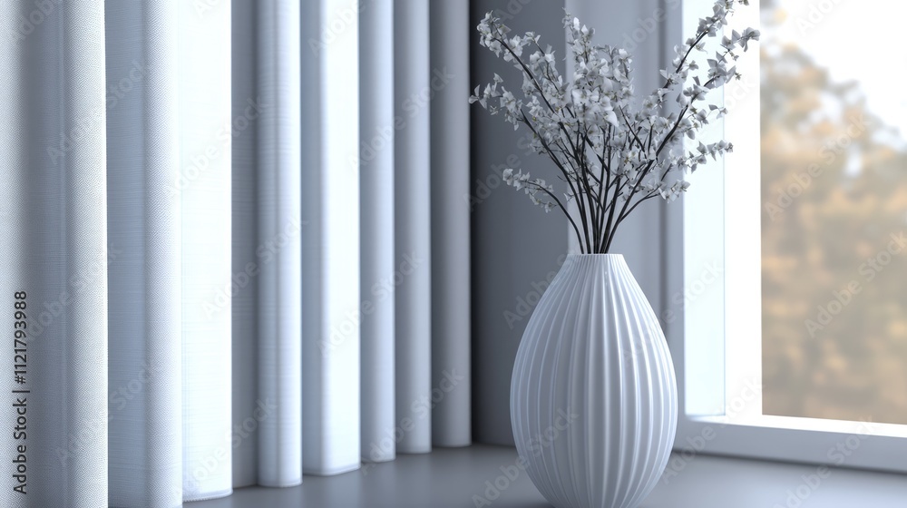 Poster elegant vase with flowers on a window sill beside soft curtains in a tranquil indoor setting natural