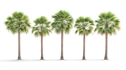 Fototapeta premium Sugar palm trees arranged in a row with lush green fronds against a clean white background ideal for nature and landscaping themes