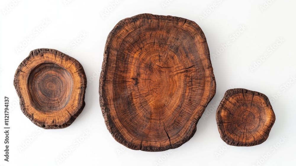 Poster natural wooden stump trays arranged on a white background showcasing rustic design and unique textur